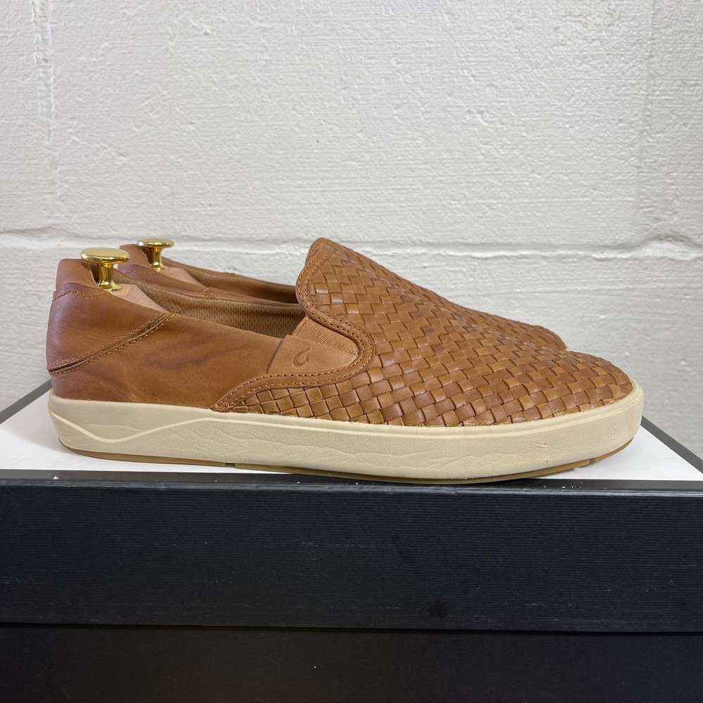 OluKai Lae'ahi Lauhala Woven Brown Leather Slip On Casual Shoes Mens 9 US/42 EU